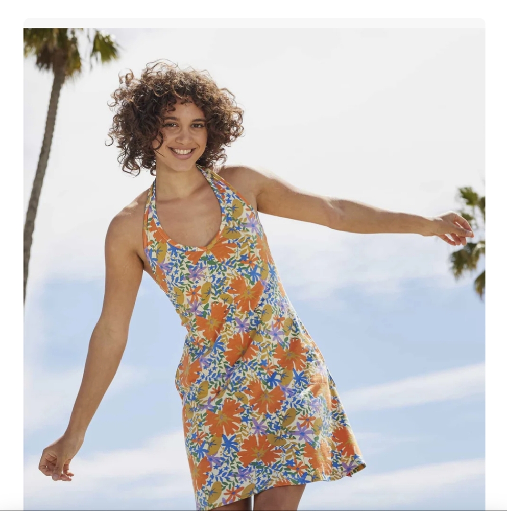 Toad&Co Floral Halter Dress - Orange and Blue
